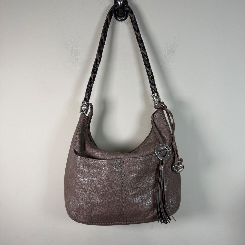 Brighton Barbados Pewter Pebbled Leather Hobo Shoulder Bag